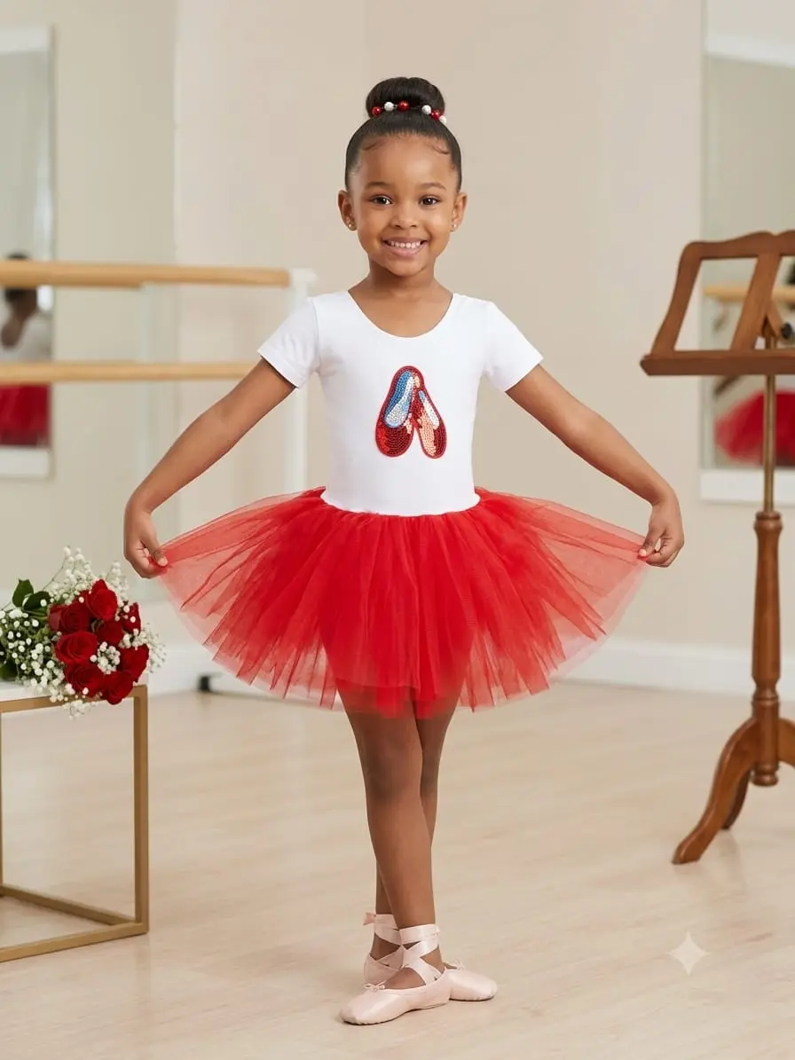 Girls’ White Cotton Bodice Ballet Dress with Red Tulle Skirt