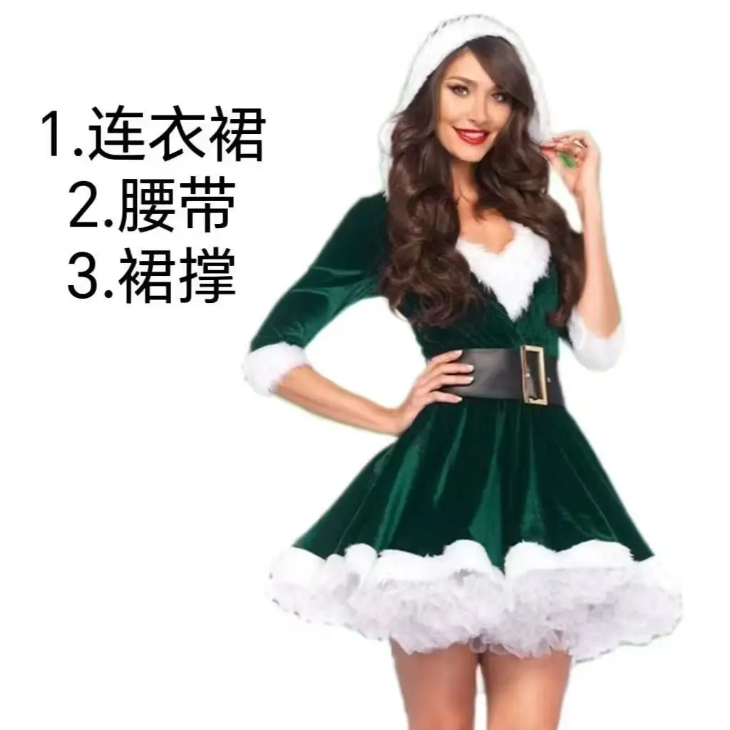 Women’s Green Christmas Dress with White Faux Fur Trim