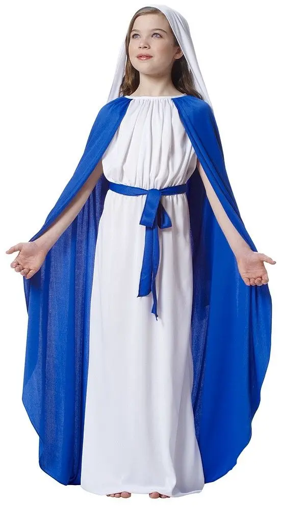 Girls’ Virgin Mary Costume – White Robe with Blue Veil and Sash